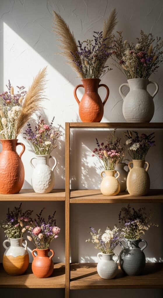 17 Simple Boho Kitchen Decor with Open Shelving Must-Try 7 Display Handcrafted Pottery with Dried Flowers