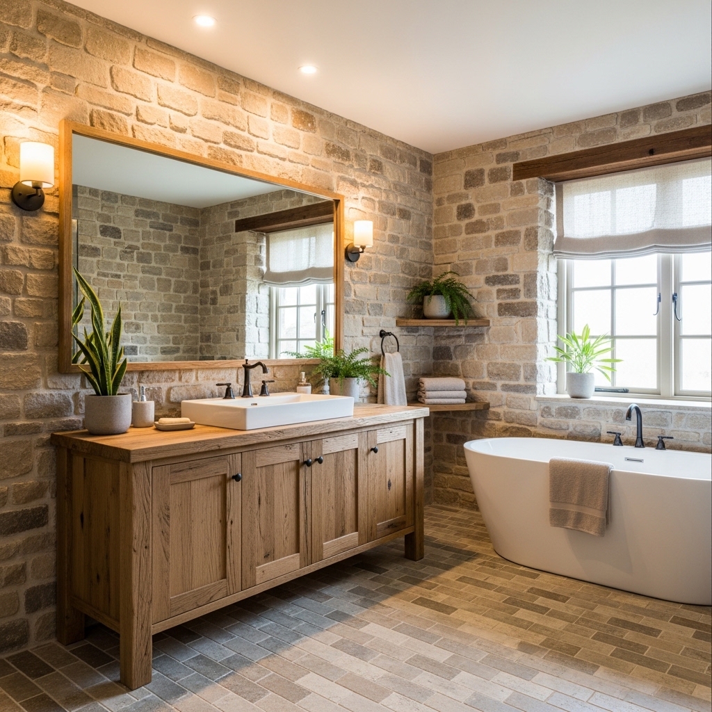14 Stunning Joanna Gaines Bathroom Transformations 14 Earthy Stone and Wood Combo