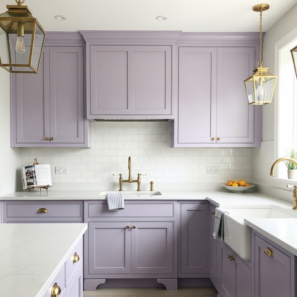 Elegant Lavender Kitchen Cabinets With Brass Hardware