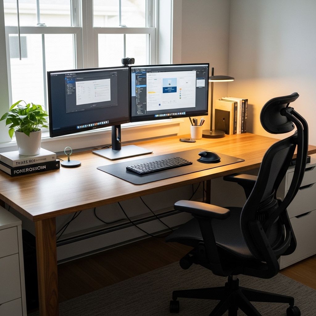 23 Home Office Ideas to Upgrade Your Work From Home Setup 20 Ergonomic setup with dual monitors and adjustable chair
