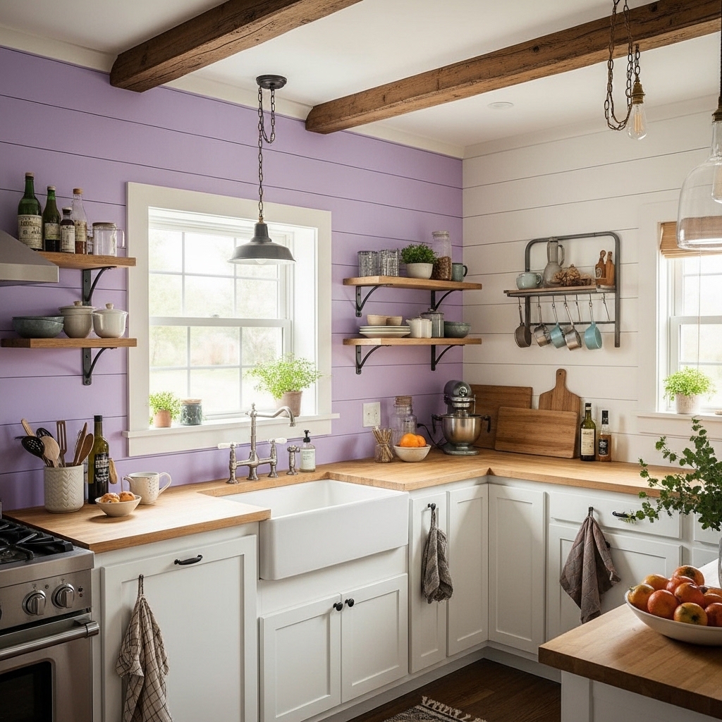 Farmhouse Kitchen With Lavender Accent Wall