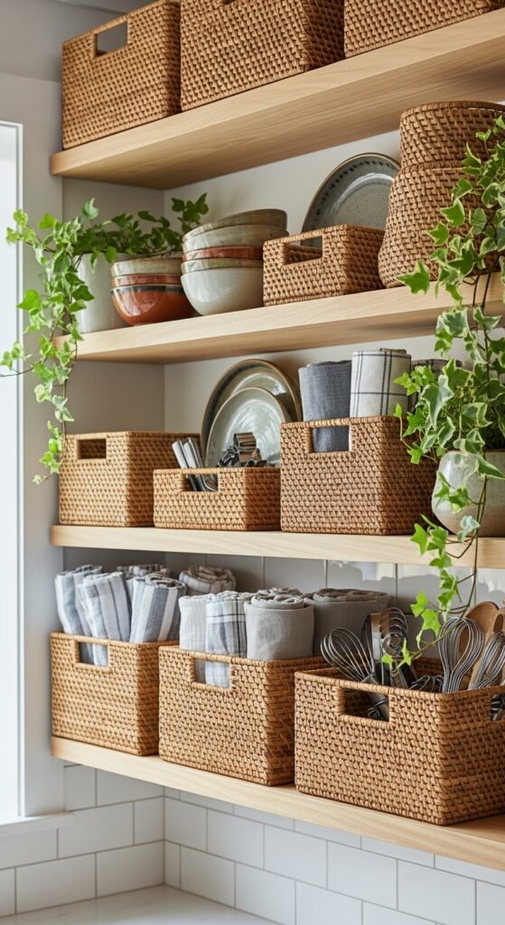 17 Simple Boho Kitchen Decor with Open Shelving Must-Try 10 Feature Woven Baskets to Hide Clutter