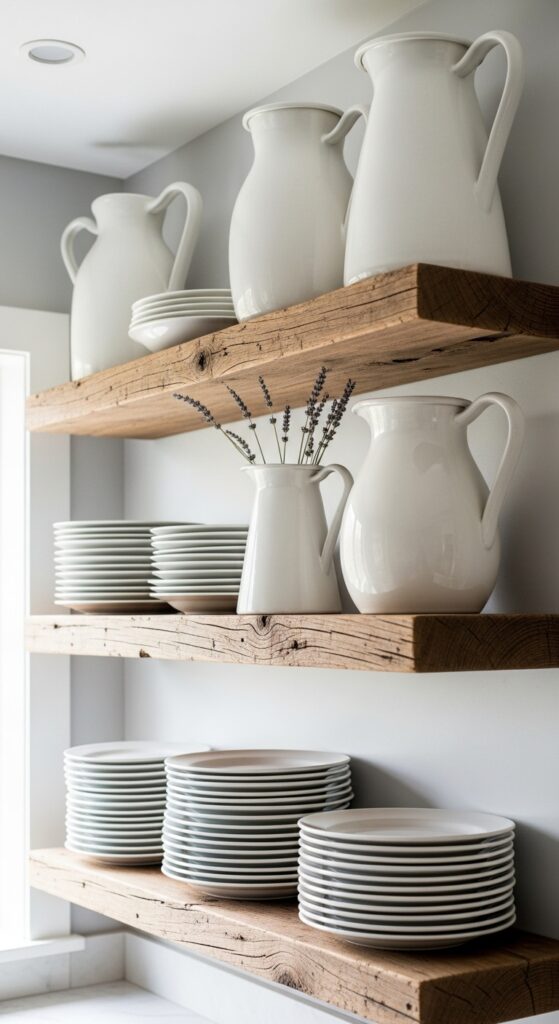 17 Simple Boho Kitchen Decor with Open Shelving Must-Try 4 Floating Wood Shelves with Natural Linens