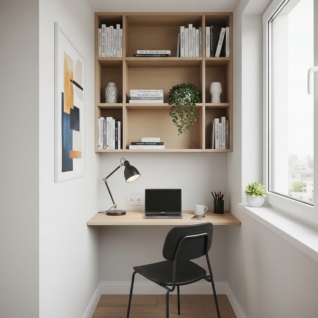 23 Home Office Ideas to Upgrade Your Work From Home Setup 12 Floating desk and vertical storage for tight corners