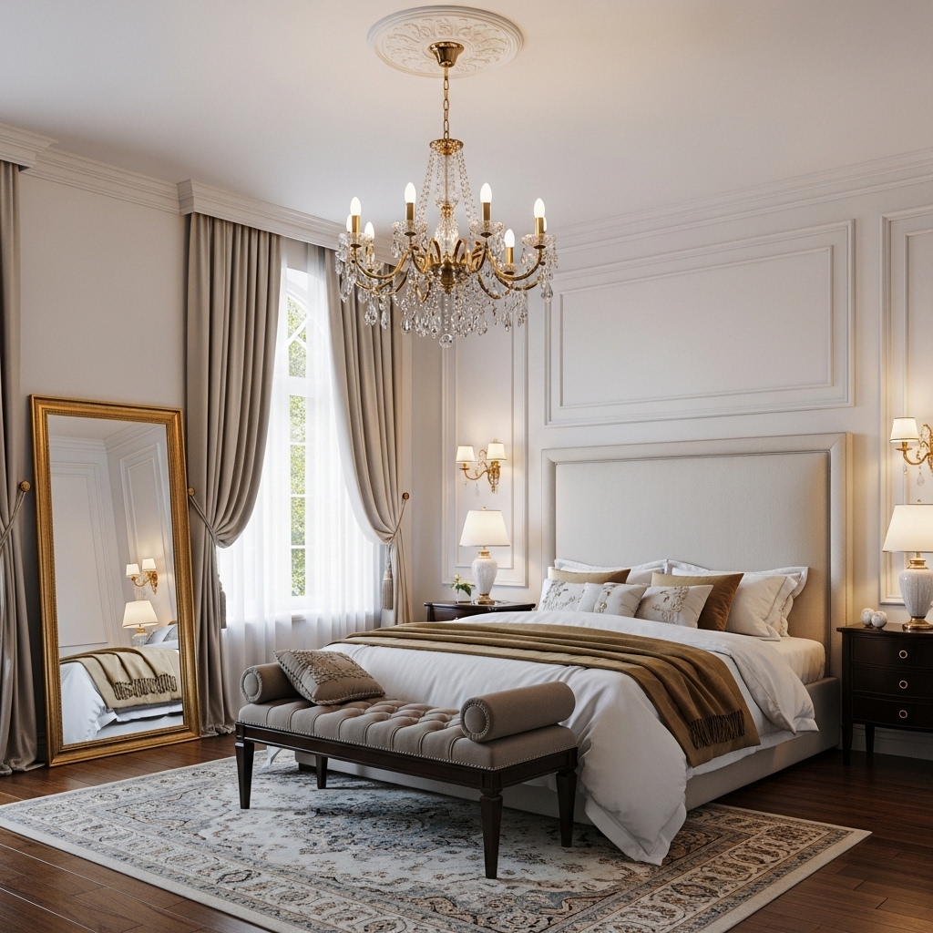 20+ Neo-Classical Master Bedroom Ideas You’ll Pin Now – Elegant, Timeless Inspiration 9 Grand Lighting As Artistic Expression