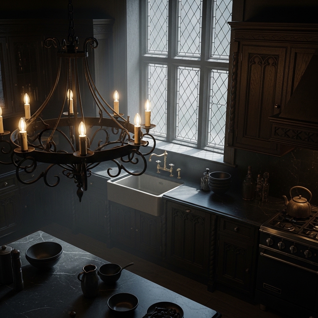 Top 20 Dark Academia Kitchen Ideas to Add Vintage Charm and Timeless Elegance 6 Include Gothic Lighting Fixtures