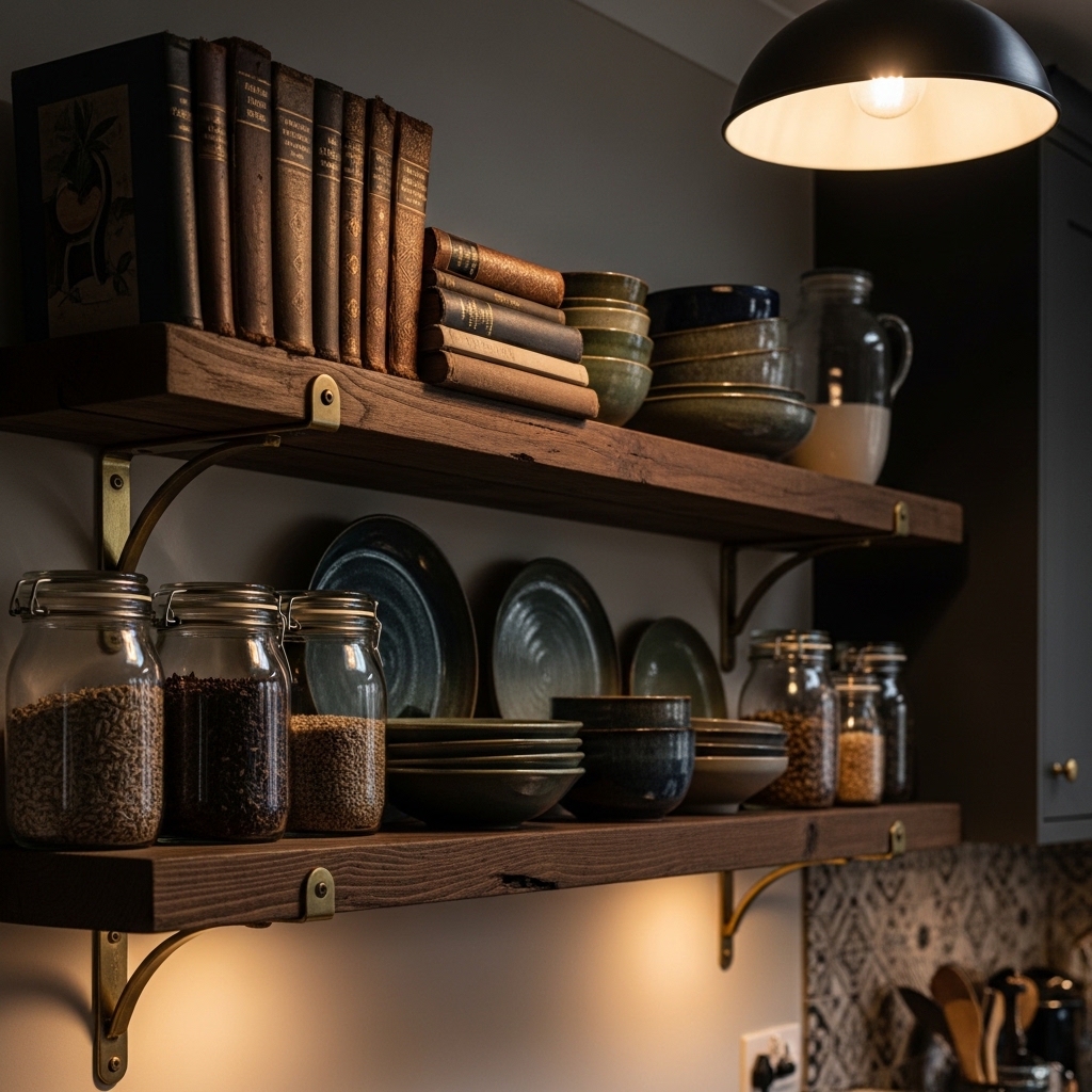 Top 20 Dark Academia Kitchen Ideas to Add Vintage Charm and Timeless Elegance 4 Incorporate Open Shelving