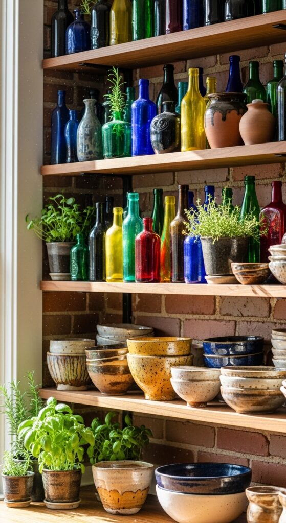 17 Simple Boho Kitchen Decor with Open Shelving Must-Try 3 Incorporate Vibrant Glassware and Earthenware