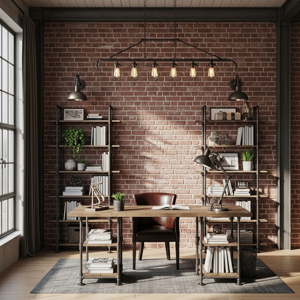 23 Home Office Ideas to Upgrade Your Work From Home Setup 6 Industrial office with exposed shelves and pipe details