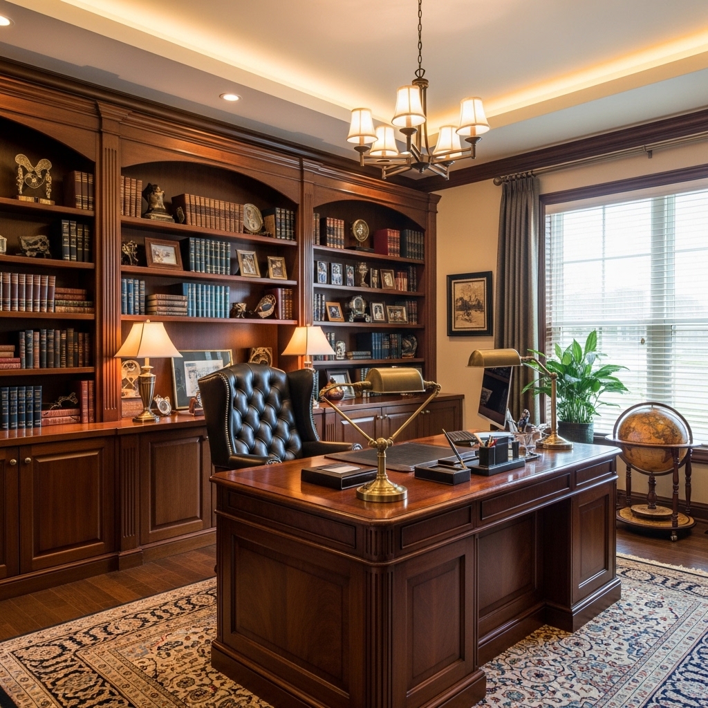 23 Home Office Ideas to Upgrade Your Work From Home Setup 8 Large executive desk with leather chair and bookcases