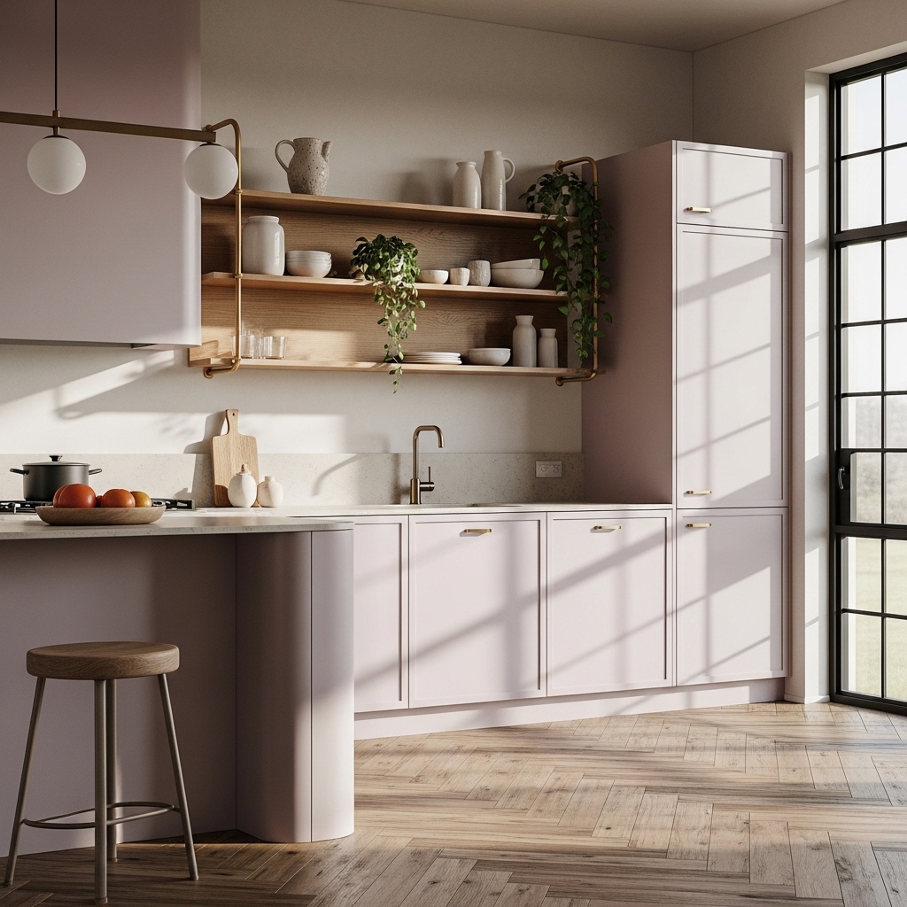 Lavender Kitchen With Natural Wood Elements