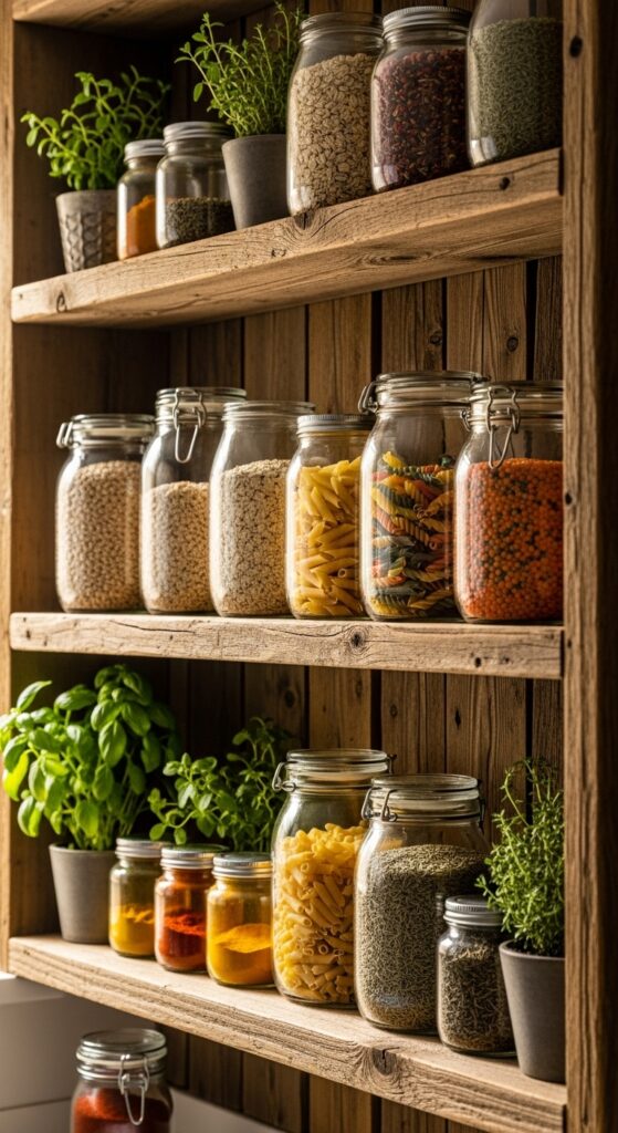 17 Simple Boho Kitchen Decor with Open Shelving Must-Try 5 Layer Open Shelves with Wooden Boards and Glass Jars