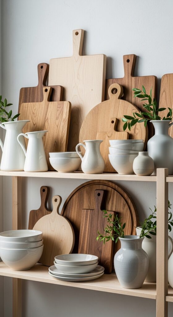 17 Simple Boho Kitchen Decor with Open Shelving Must-Try 13 Layered Wooden Boards and Cutting Boards