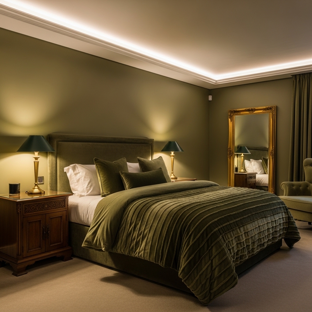 Luxurious Olive Green Bedroom with Plush Textures and Dimmed Lighting