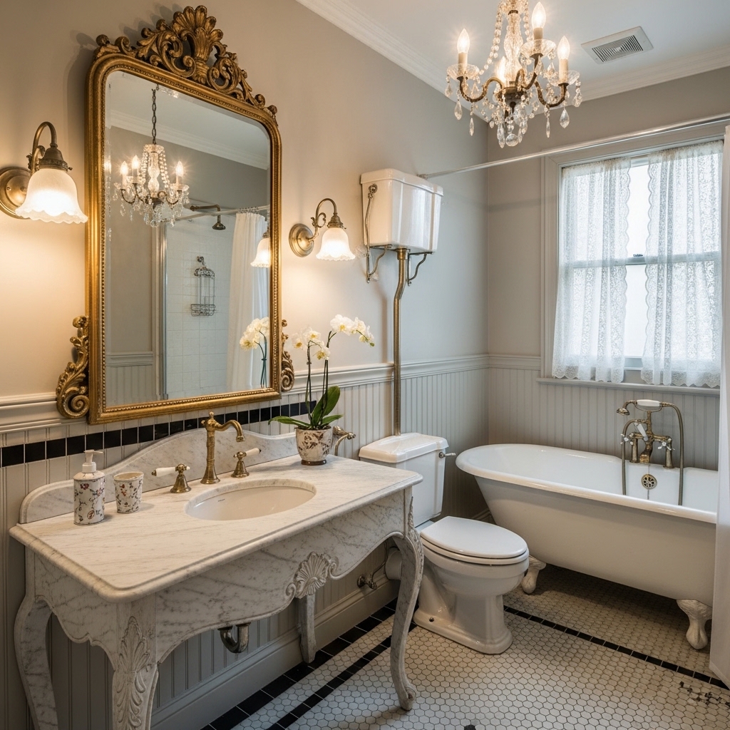 23 Small Victorian Bathroom Designs: Period Charm Meets Modern Function 13 Marble Vanity Anchoring a Petite Room With Gilded Period Accents