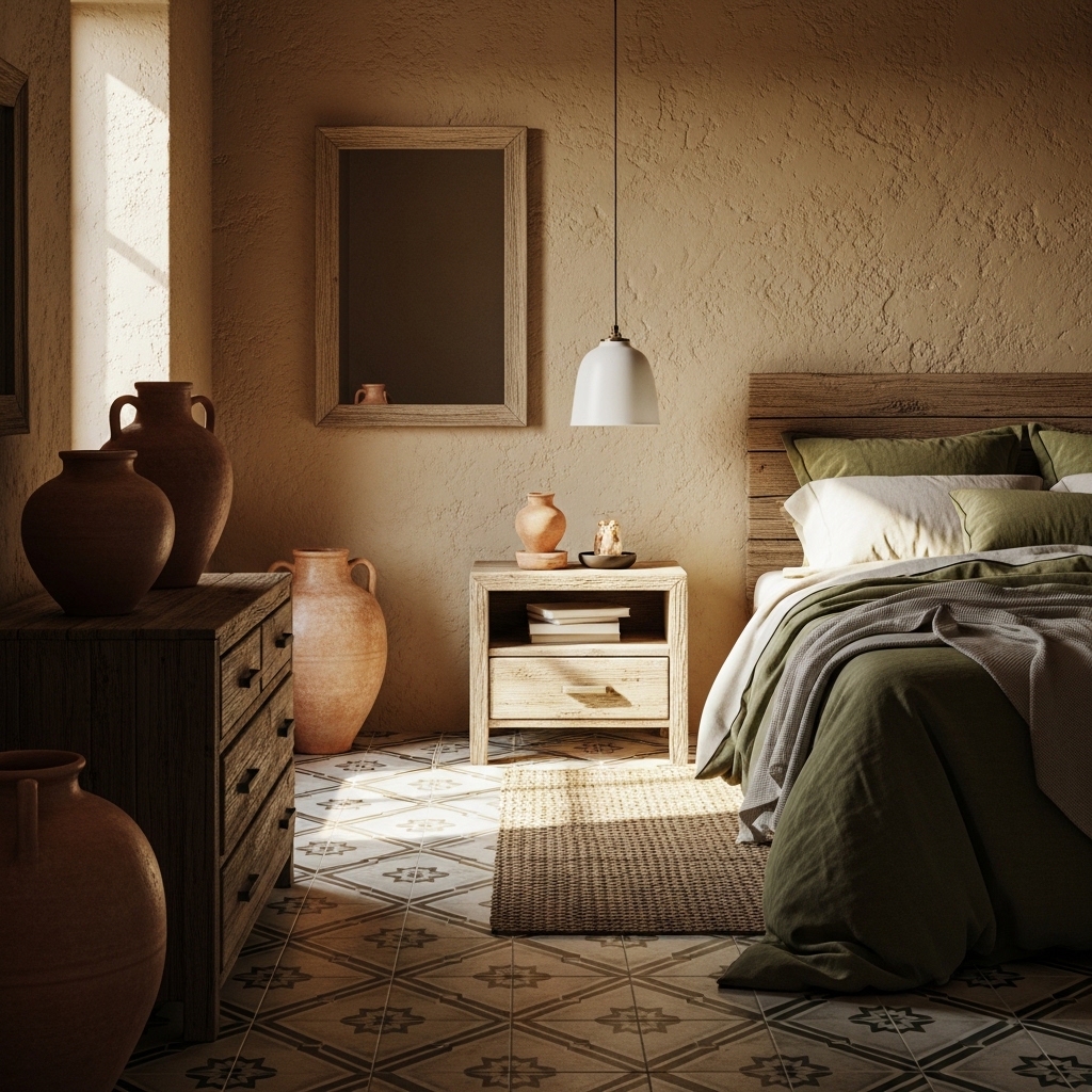Olive Green and Terracotta Mediterranean Style Bedroom