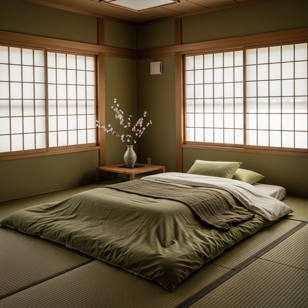 Minimalist Japanese-Inspired Olive Green Bedroom with Tatami Mats