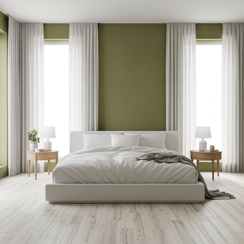 Minimalist Olive Green and White Bedroom Oasis
