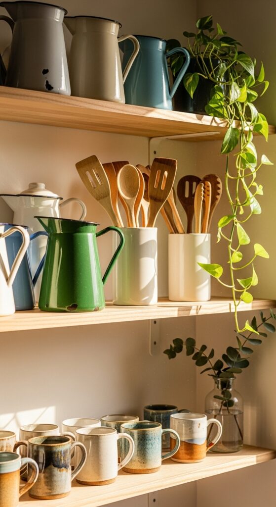 17 Simple Boho Kitchen Decor with Open Shelving Must-Try 6 Mix Vintage Finds with Modern Utensils