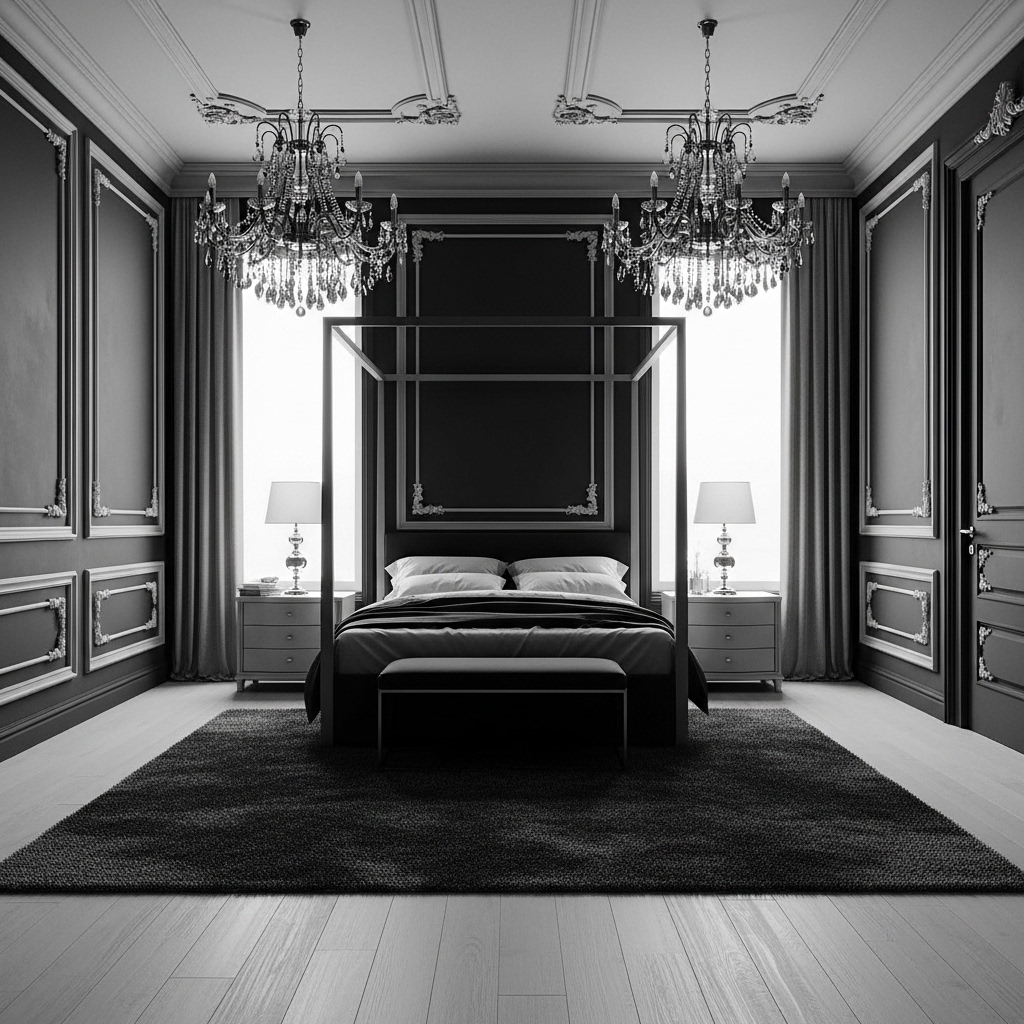 20+ Neo-Classical Master Bedroom Ideas You’ll Pin Now – Elegant, Timeless Inspiration 6 Monochrome Neo-Classical Drama