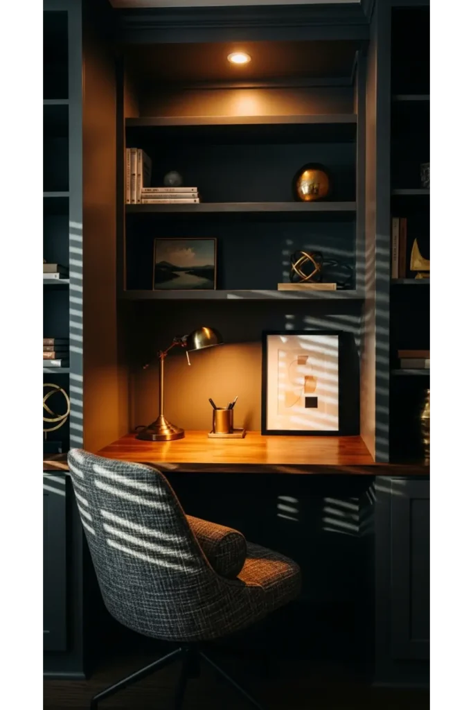  Moody Office Nook into Built-in Shelves