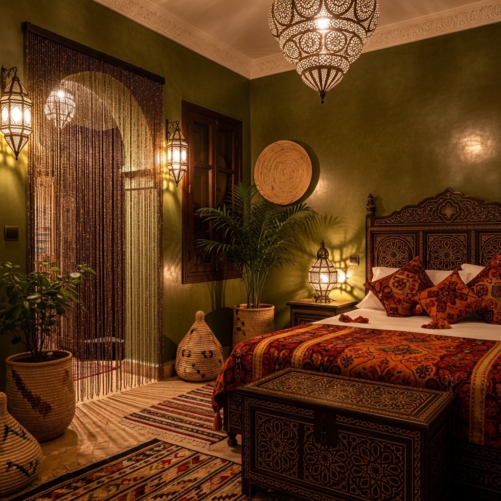 Moroccan-Inspired Olive Green Bedroom with Lanterns and Beaded Details