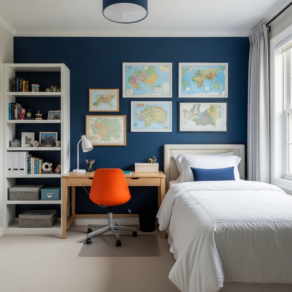 Classic Boys Bedroom Ideas That Never Go Out of Style 13 Navy Accent Wall With Orange Desk Chair