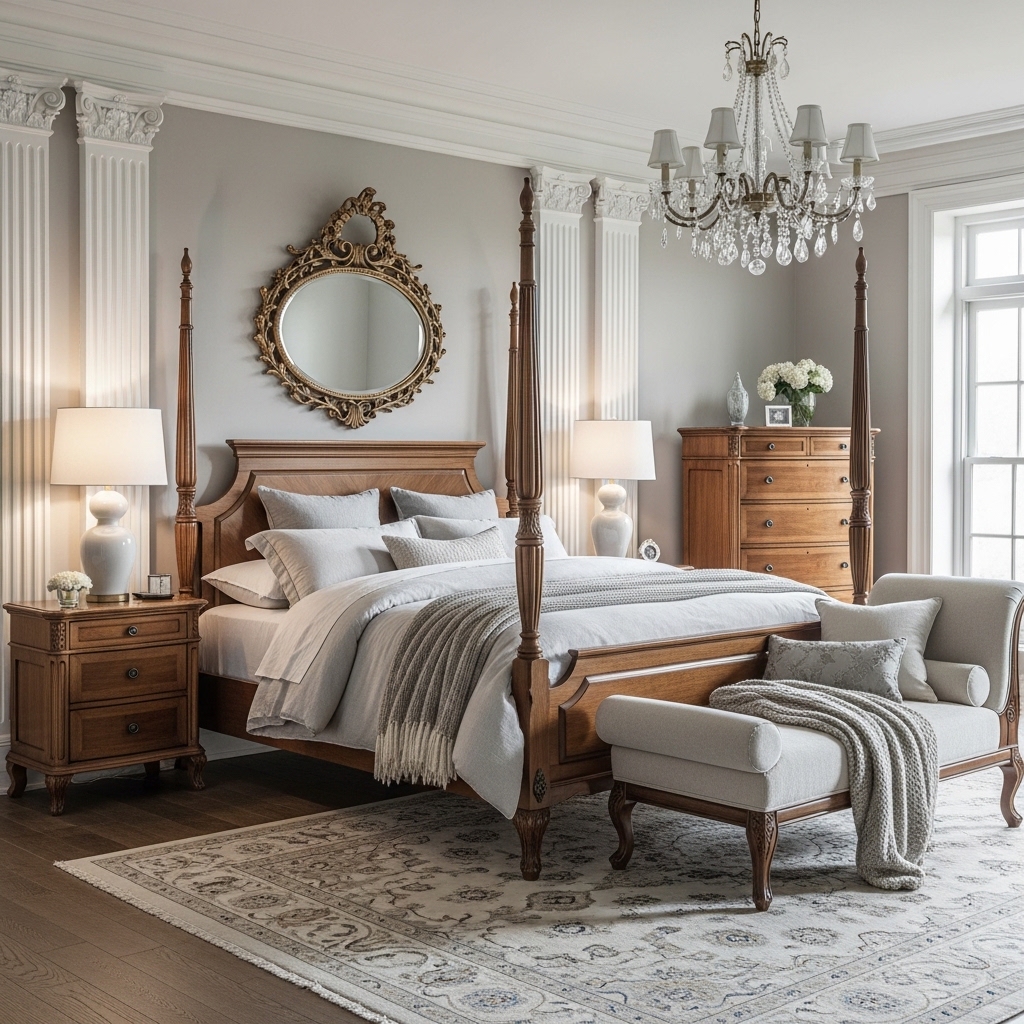 20+ Neo-Classical Master Bedroom Ideas You’ll Pin Now – Elegant, Timeless Inspiration 13 Neutral Warmth With Wood Accents