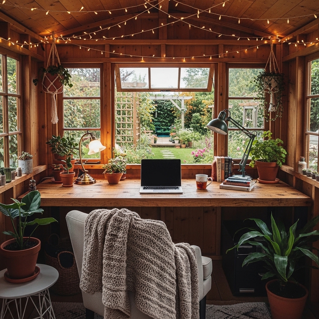 23 Home Office Ideas to Upgrade Your Work From Home Setup 11 Office in a converted shed with cozy lighting