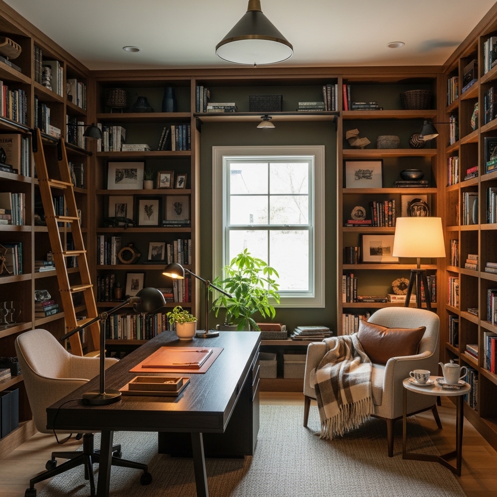 23 Home Office Ideas to Upgrade Your Work From Home Setup 18 Office-library hybrid with full-height shelving