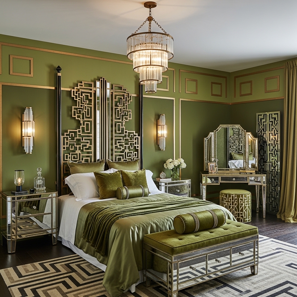  Olive Green Art Deco Bedroom