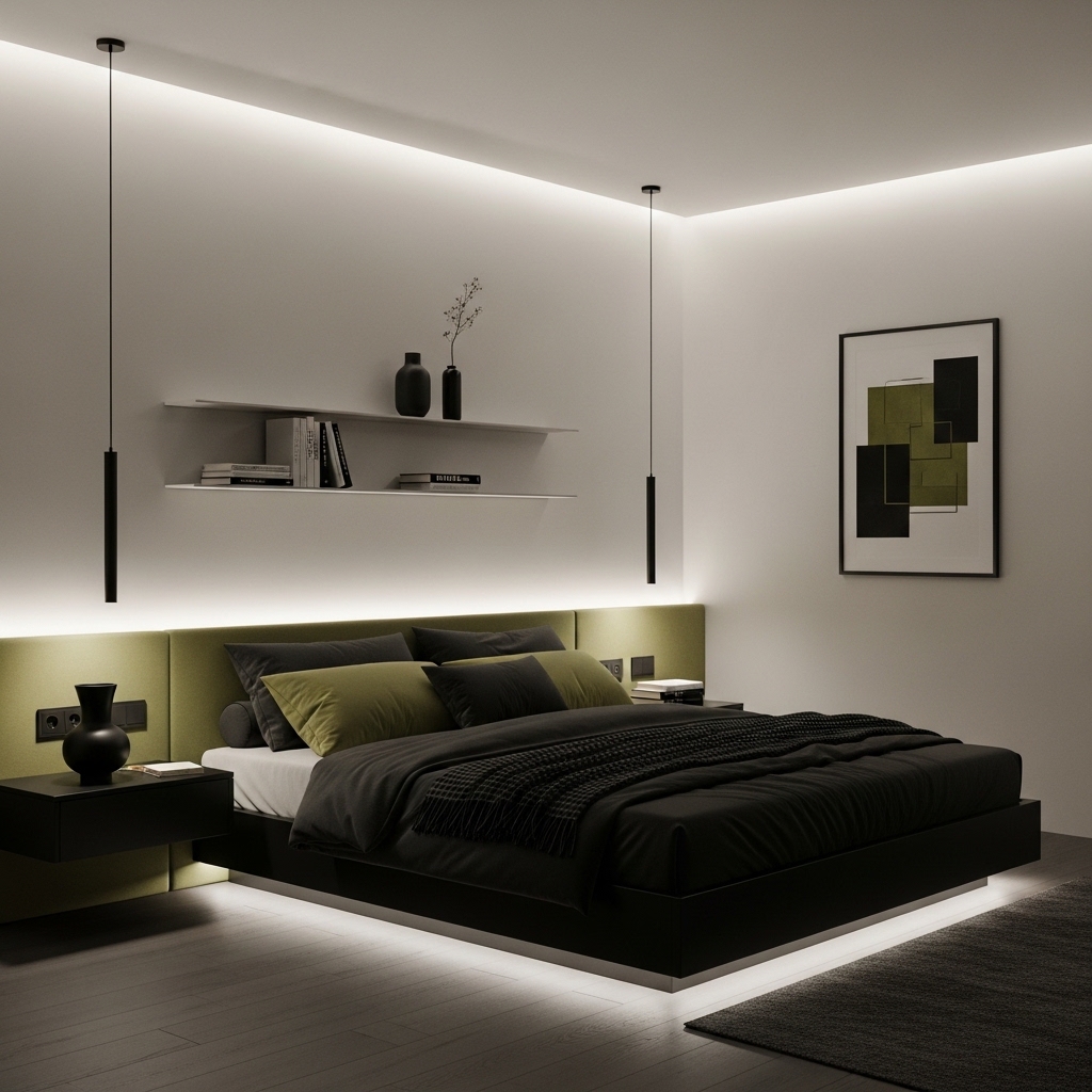 Olive Green and Black Monochromatic Minimalist Bedroom