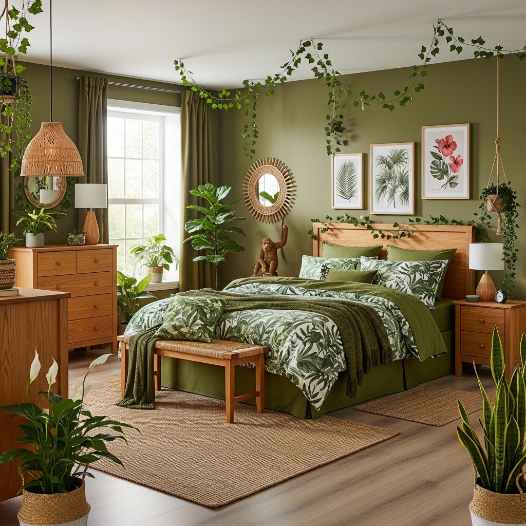 Olive Green Jungle-Themed Bedroom with Leafy Prints and Faux Vines