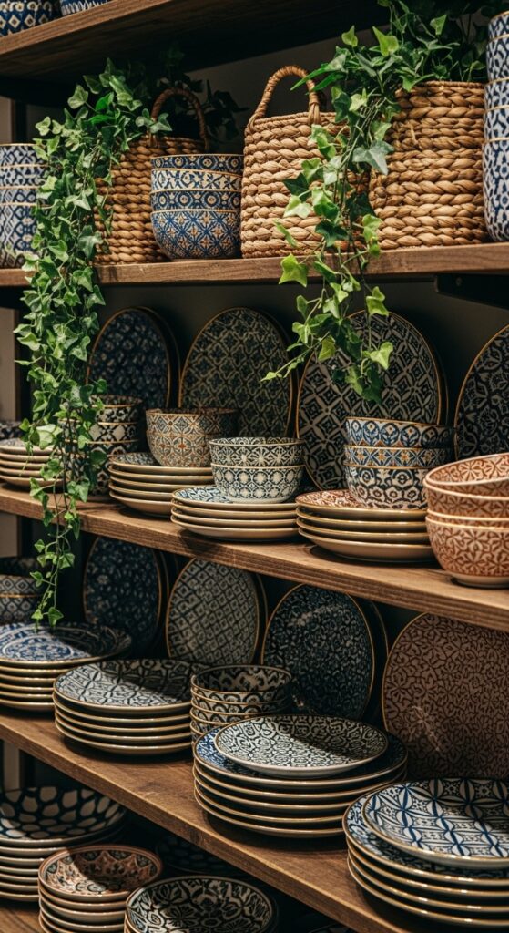 17 Simple Boho Kitchen Decor with Open Shelving Must-Try 8 Patterned Serving Plates as Art Pieces