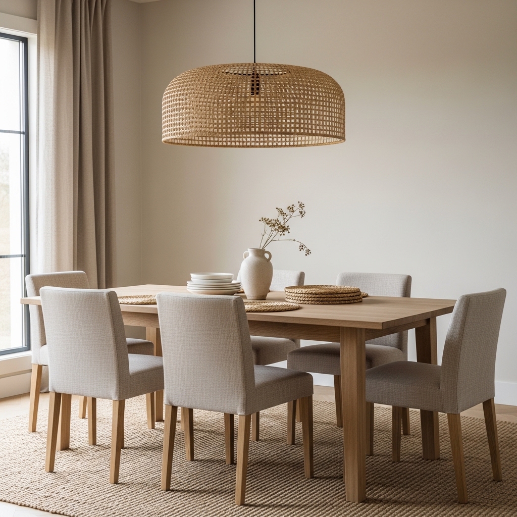 16 Neutral Dining Room Decor Ideas for Modern Homes 8 RATTAN LAMPSHADE