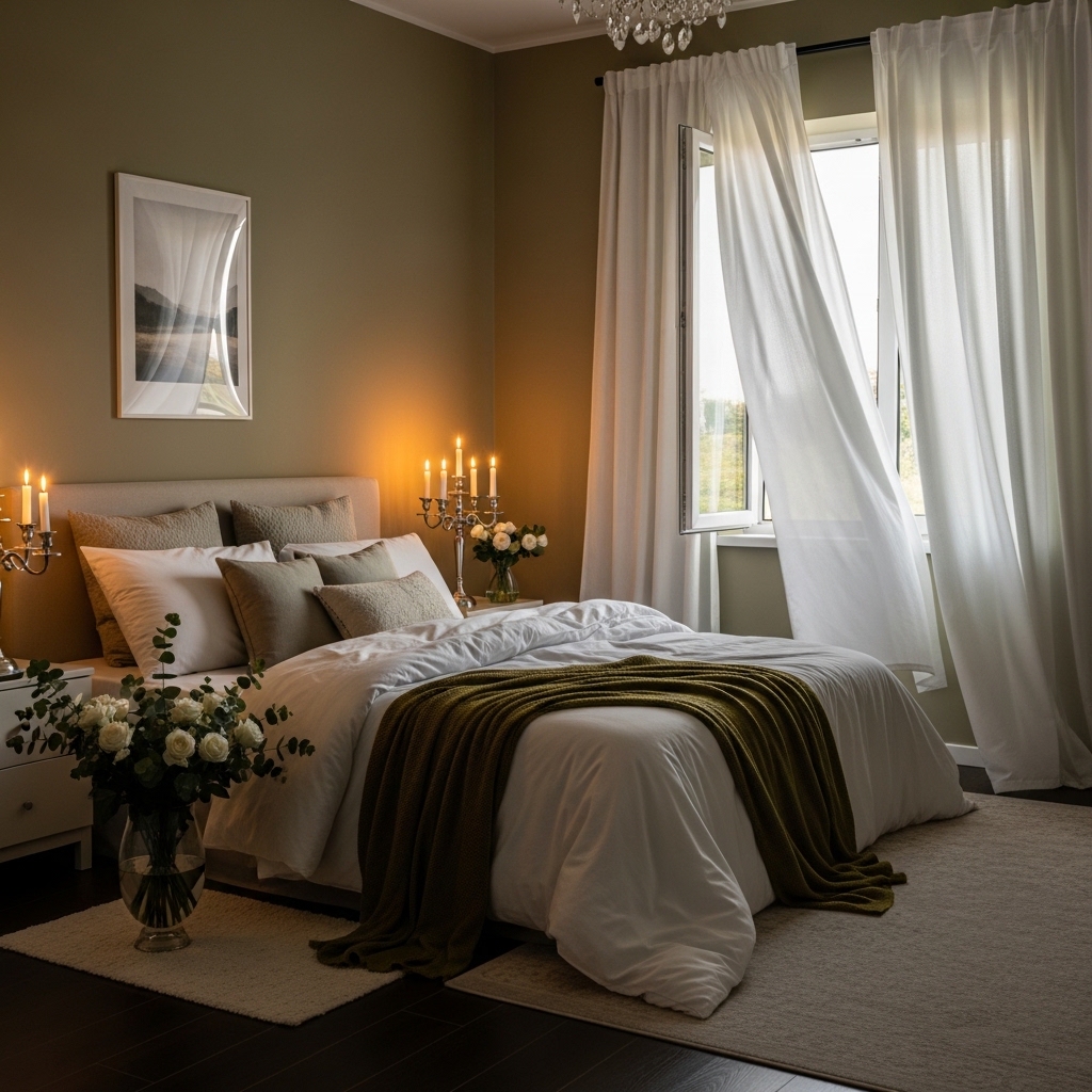 Romantic Olive Green Bedroom with Sheer Drapes and Candle Holders