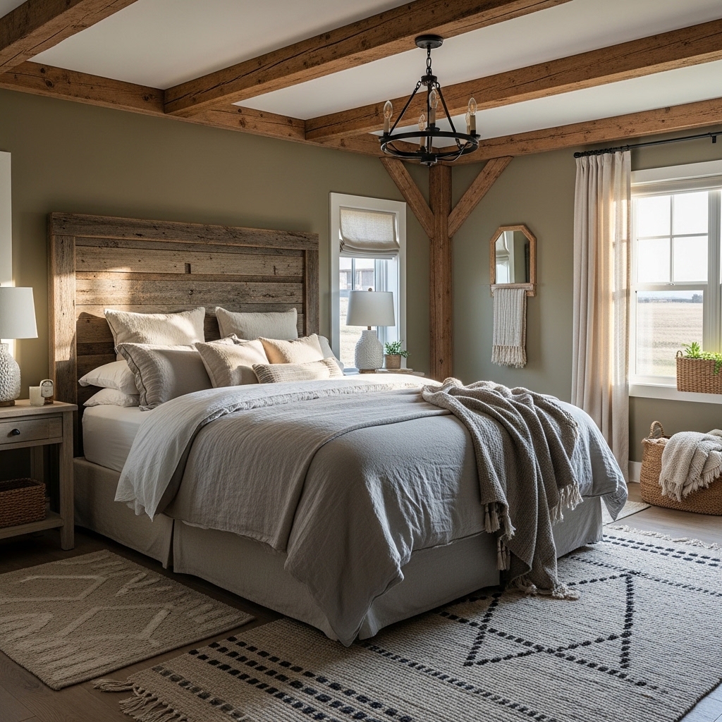 Rustic Olive Green Bedroom with Reclaimed Wood Accents