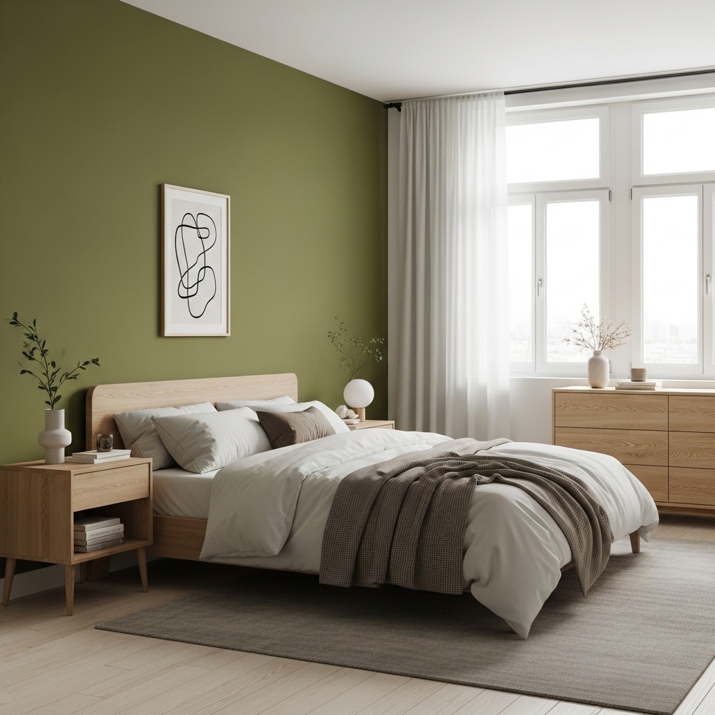 Olive Green Scandinavian Bedroom with Soft Neutrals and Natural Light