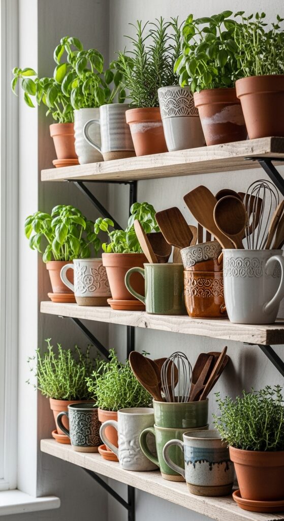 17 Simple Boho Kitchen Decor with Open Shelving Must-Try 9 Small Potted Herbs for Function and Style