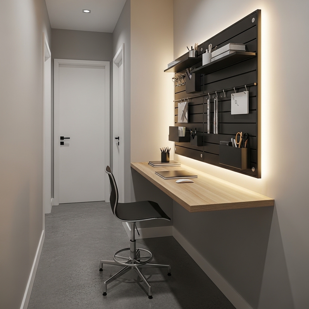 23 Home Office Ideas to Upgrade Your Work From Home Setup 23 Small hallway desk area with vertical organizer