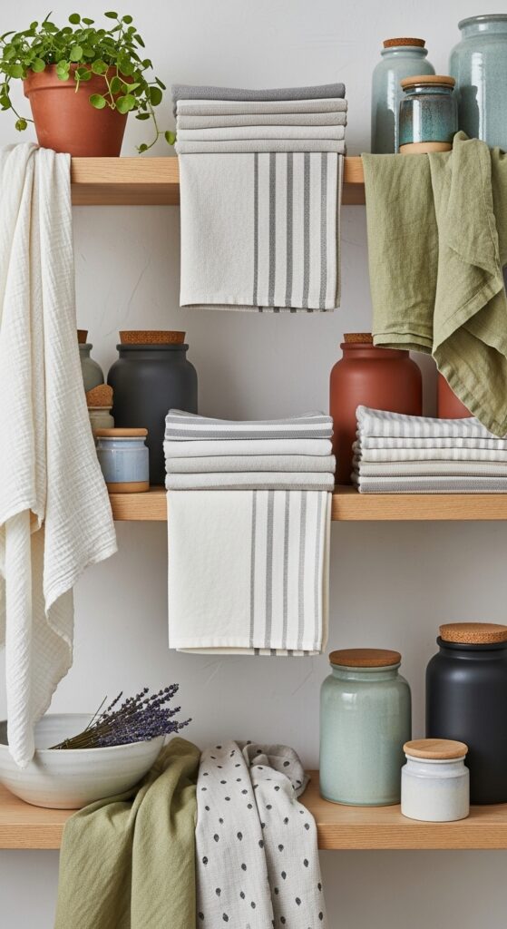 17 Simple Boho Kitchen Decor with Open Shelving Must-Try 14 Soft Textiles and Tea Towels