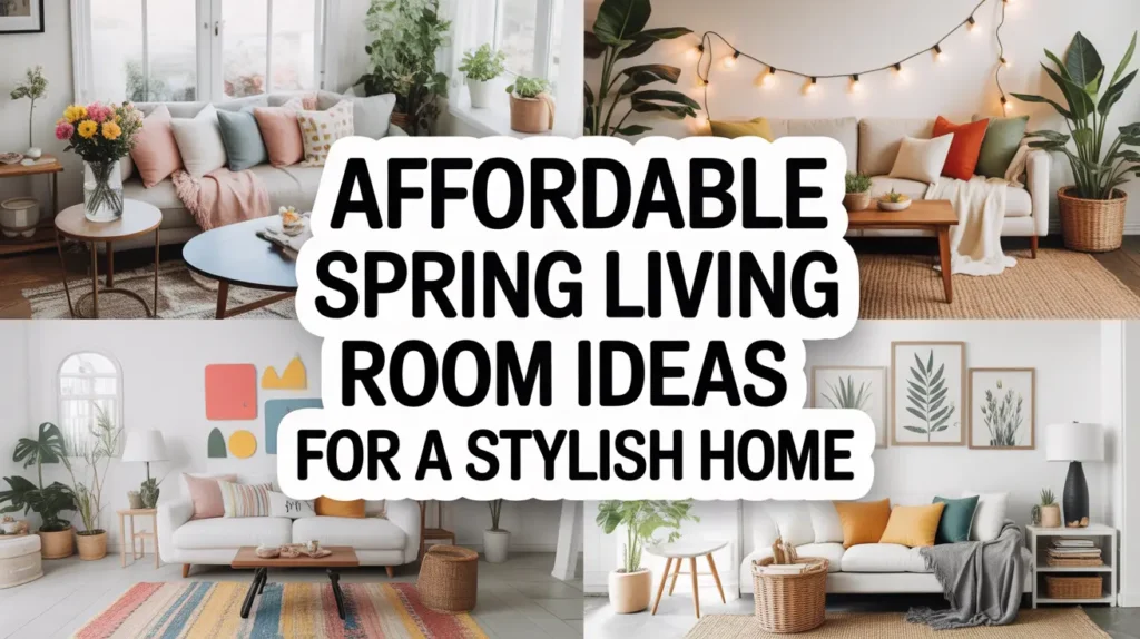 Affordable Spring Living Room Decor Ideas for a Stylish Home 1 Generate a Pinterest-optimized, high-quality vertical Pin for 'Affordable Spring Living Room Decor Ideas for a Stylish Home'. Arrange a 2x2 collage of 4 images with bold text in the center.. Keep aspect ratio 2:3, high-resolution, Pinterest-friendly, scroll-stopping.