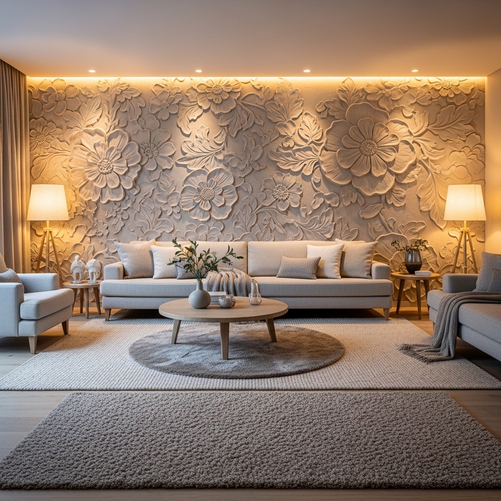 14 Modern Contemporary Living Room Ideas to Add Personality 15 Statement Wall with Oversized Floral Relief