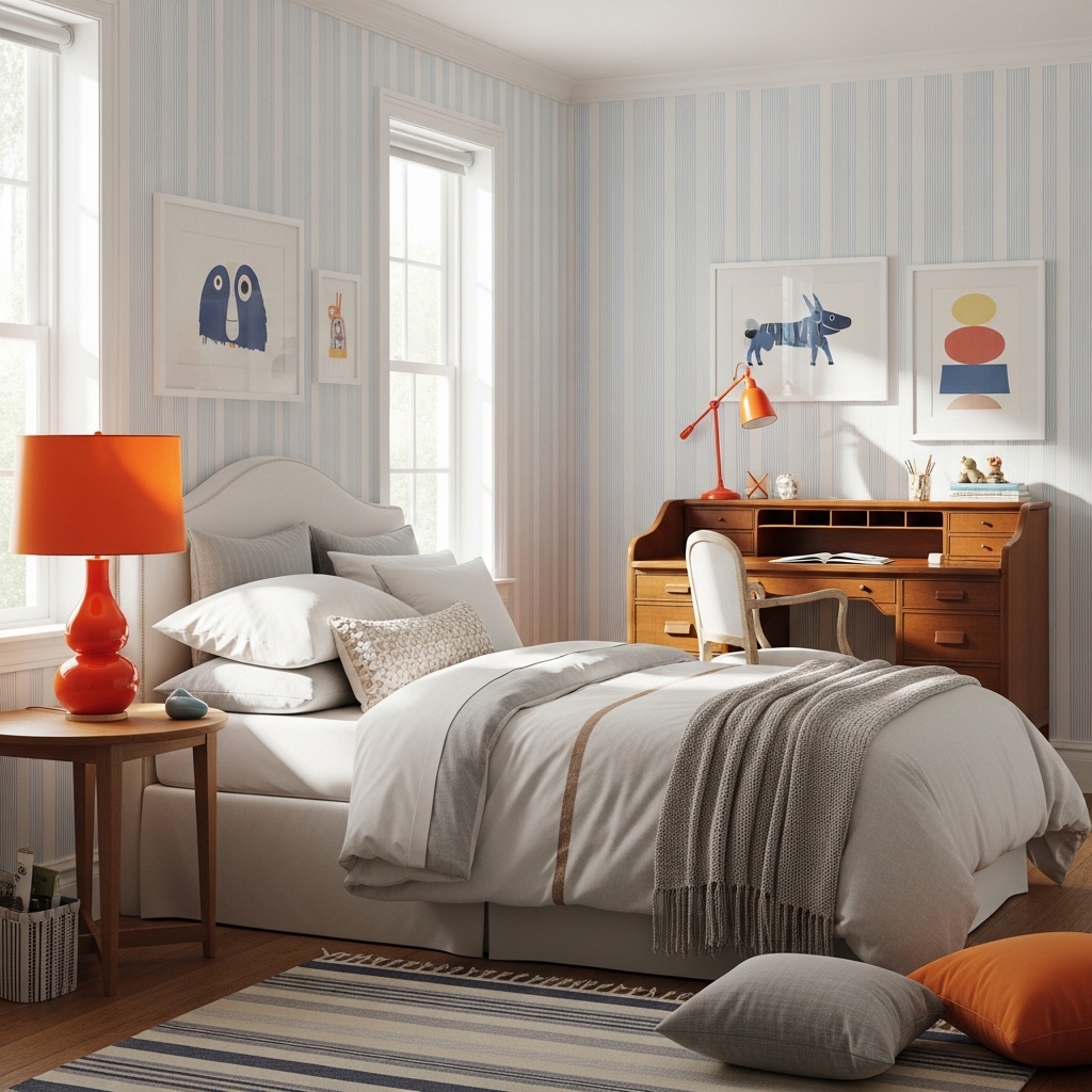 Classic Boys Bedroom Ideas That Never Go Out of Style 10 Striped Walls With Bold Orange Lamp