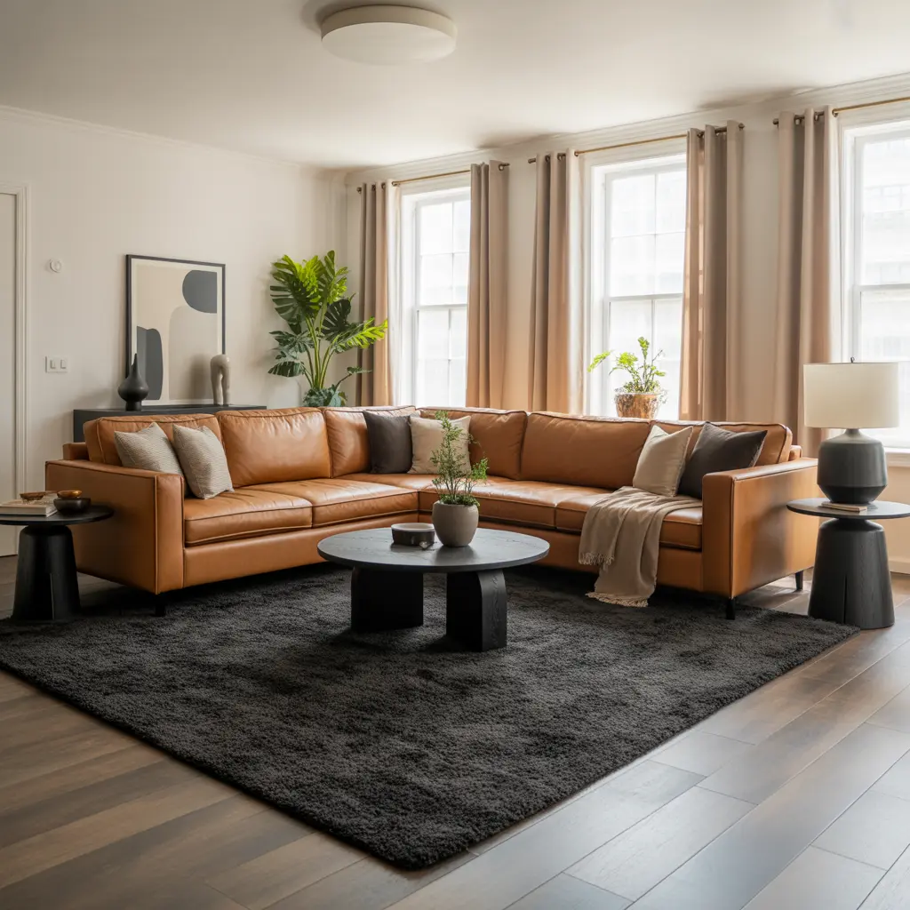 18 Black and Tan Living Room Ideas for Timeless, Sophisticated Comfort 9 Tan Sectional and Dark Rugs