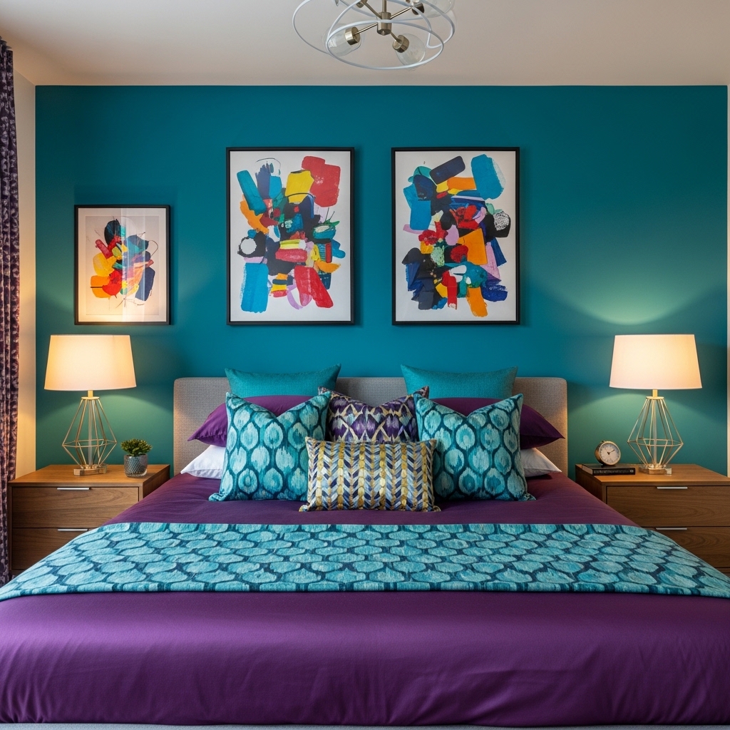 14 Purple Bedroom Ideas with Stylish Charm 9 Teal and Purple Bedroom with Bold Character