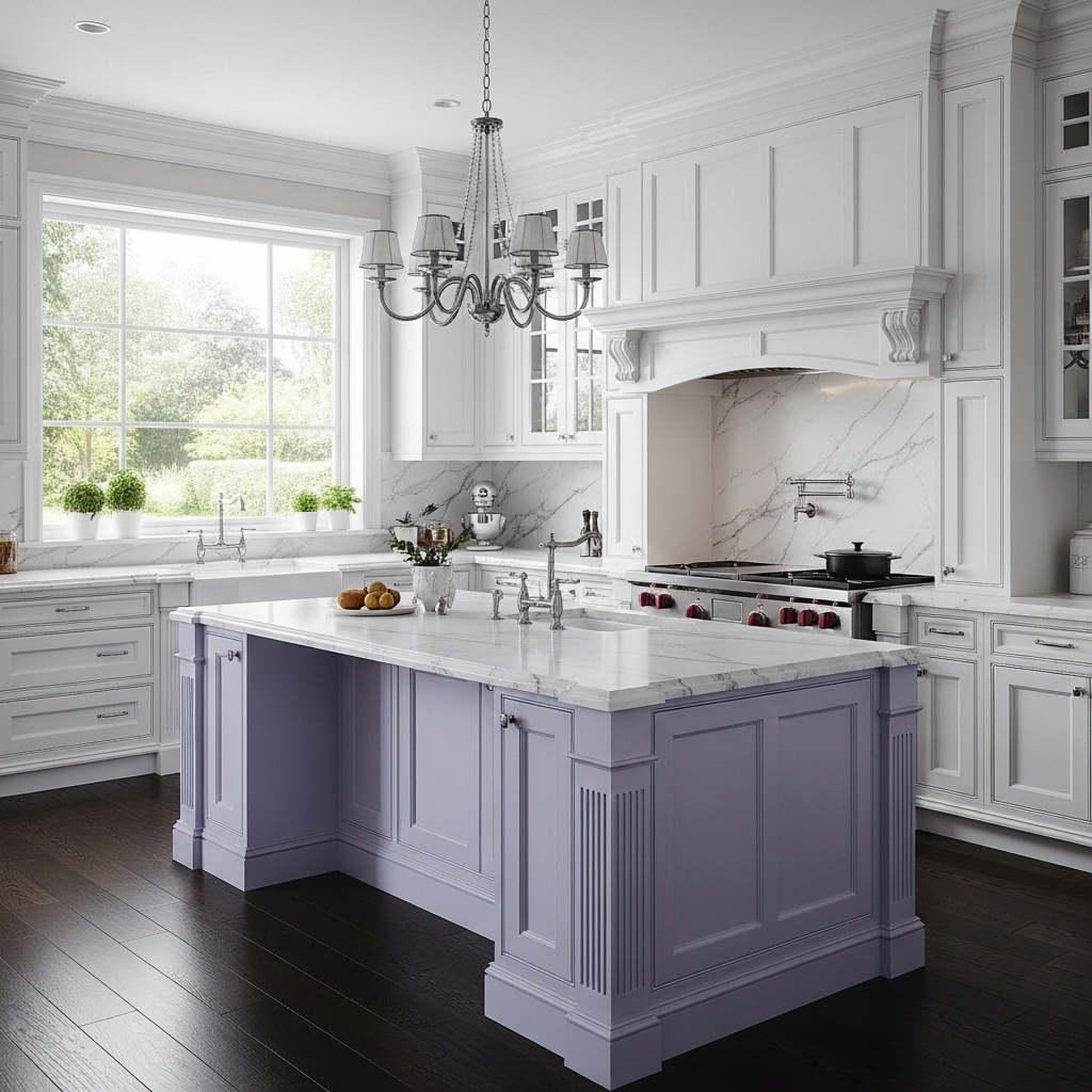 Traditional Kitchen With Lavender Island