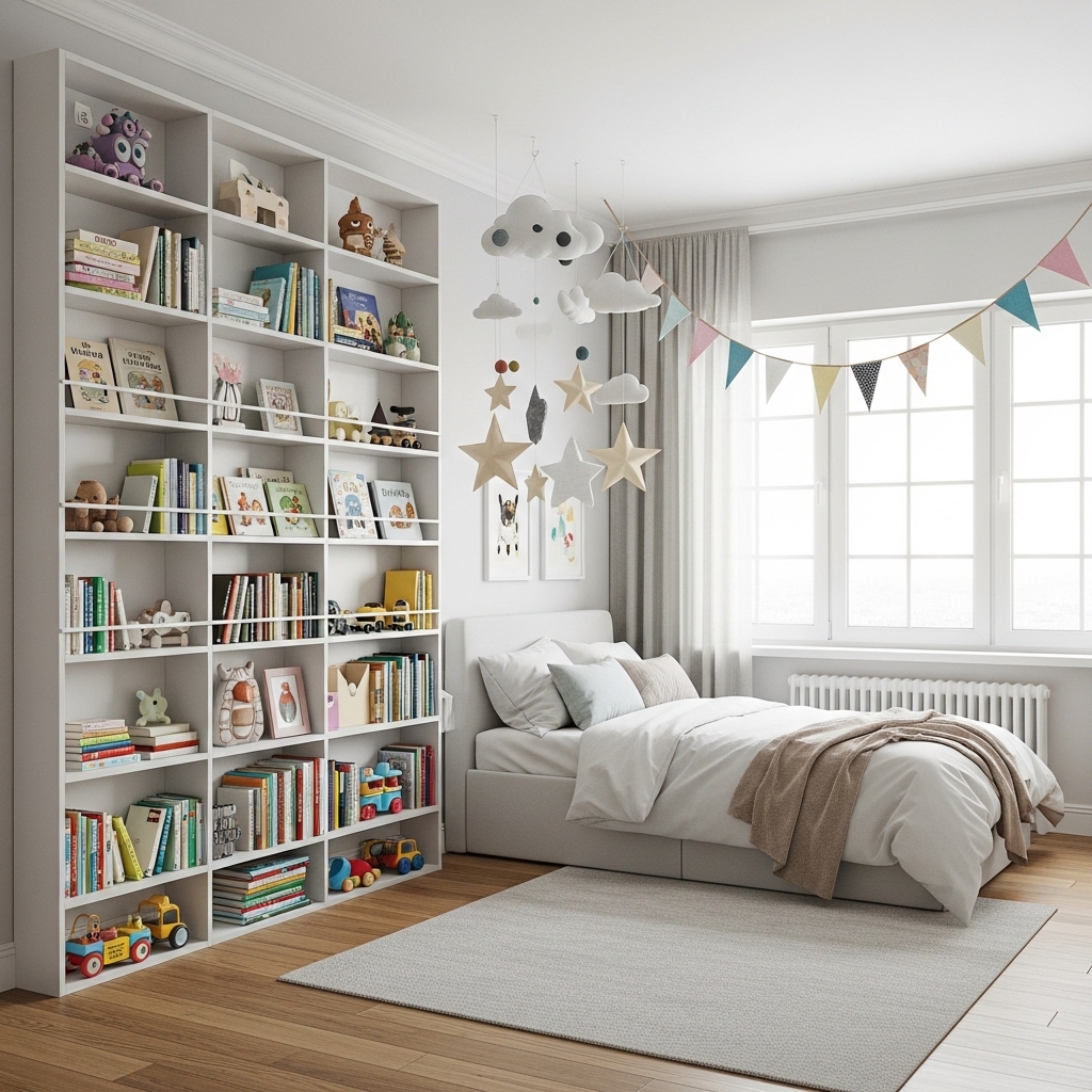 19 Kids Bedroom Ideas: Creative & Fun Designs You’ll Love 14 Utilize Vertical Space with Wall Shelves and Hanging Decor