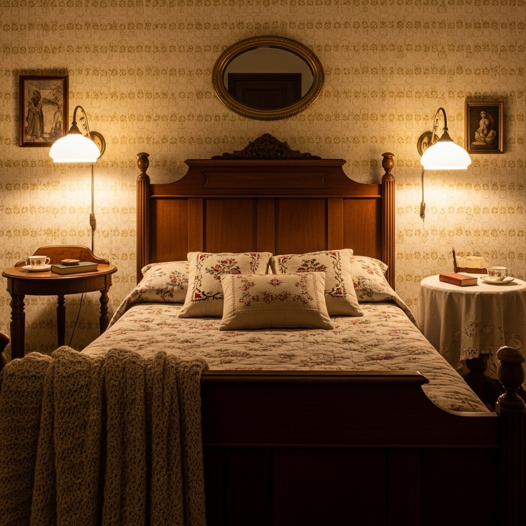 Vintage olive green bedroom, antique wooden bed frame, retro patterned wallpaper, vintage lamps, classic textiles, warm nostalgic lighting