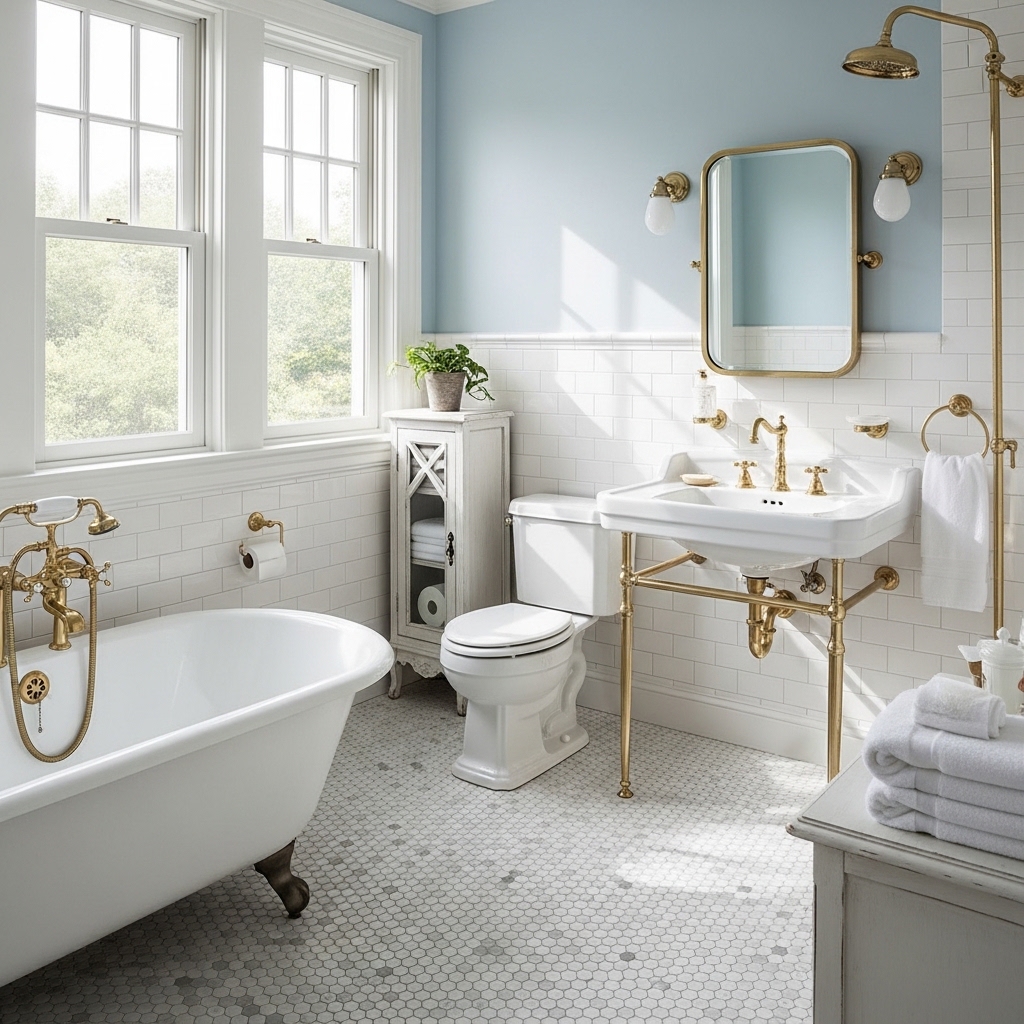 23 Small Victorian Bathroom Designs: Period Charm Meets Modern Function 14 White Subway Tiles Brightening a Compact Historical Washroom